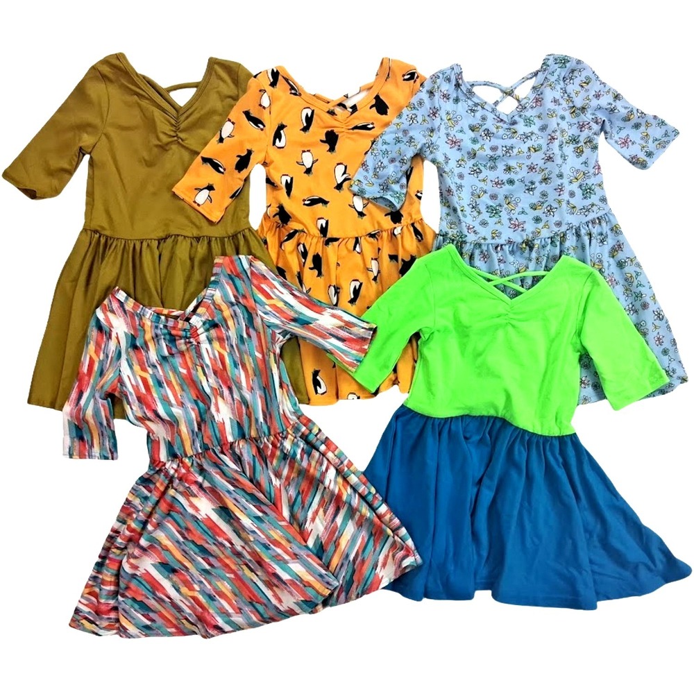 5pc Dot Smile 2T Girls Dress Lot Floral Penguin Strokes Solid Olive Green NWT